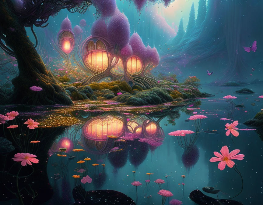 Enchanting image of mystical forest with purple flora and whimsical treehouses