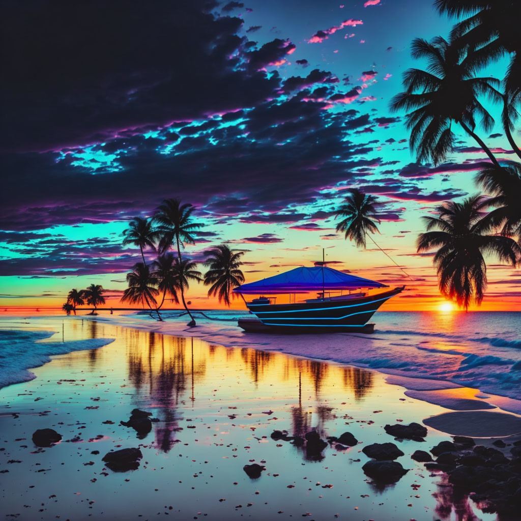 Colorful tropical sunset with palm trees, boat reflection in water