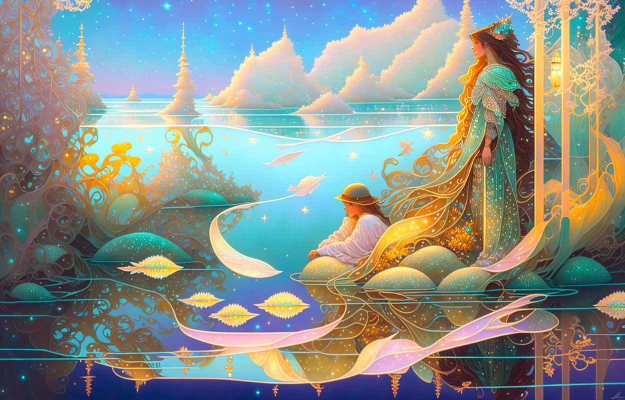 Whimsical painting of two figures on a boat in a serene, starlit landscape