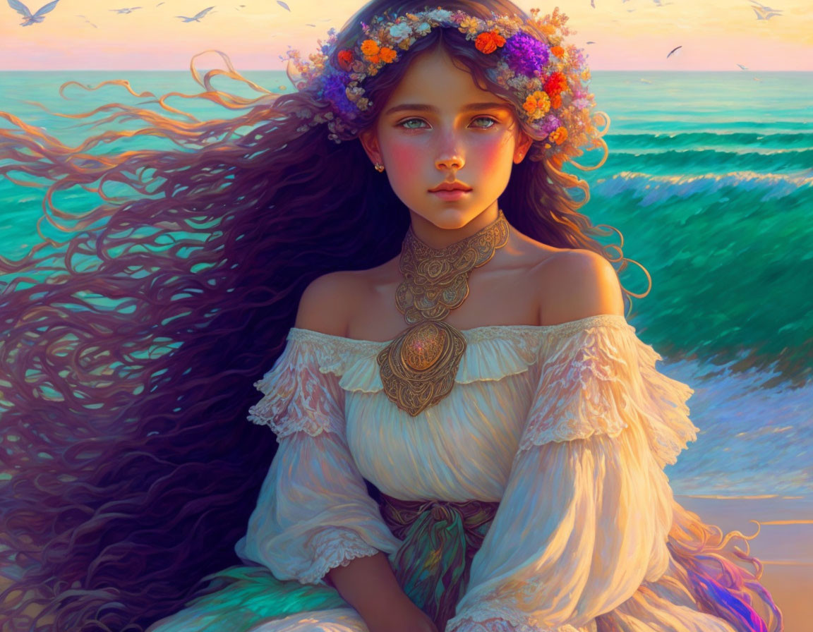 Young woman in flower crown and off-shoulder dress gazes at vibrant ocean sunset