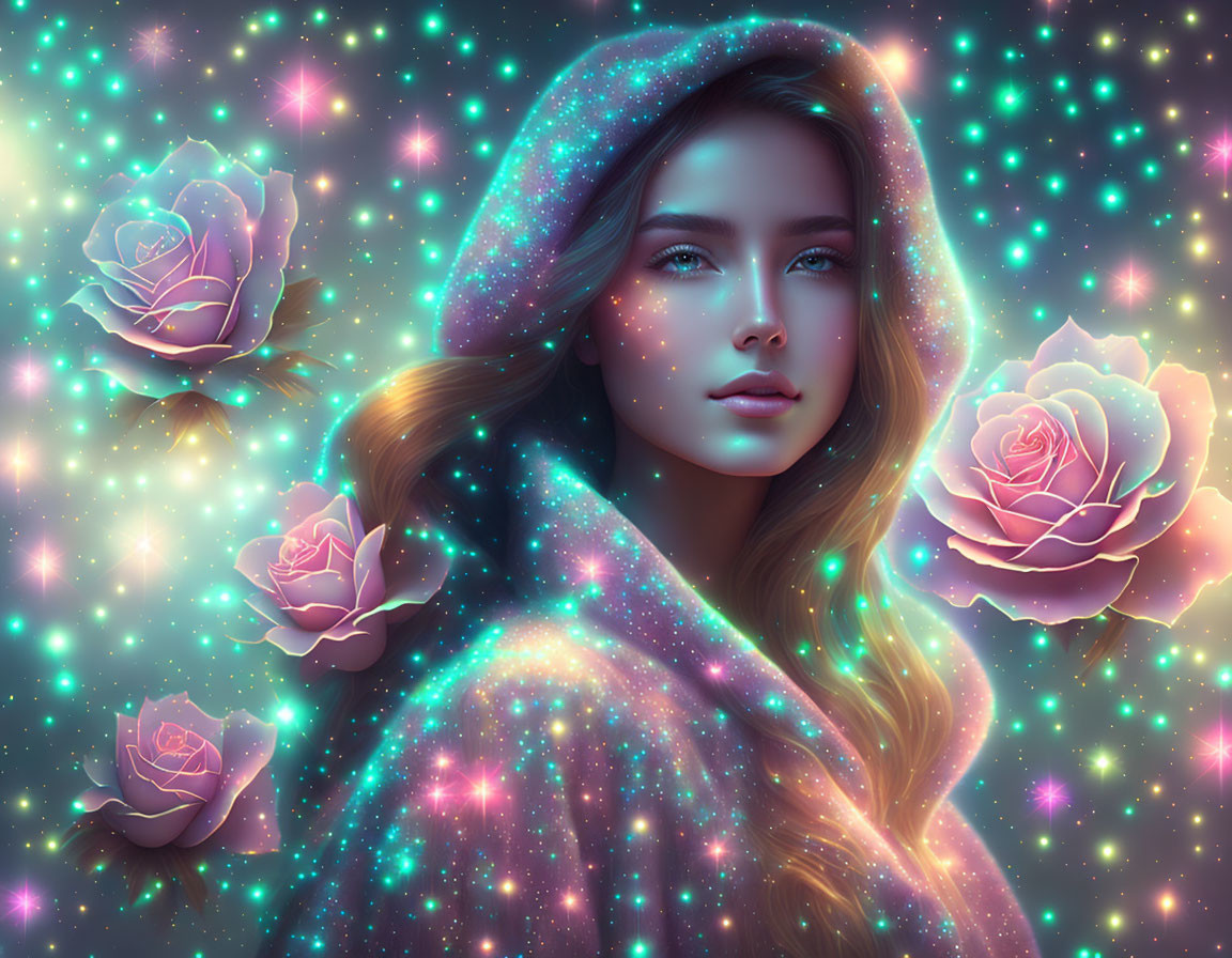 Digital artwork: Woman with galaxy cloak & glowing roses, fantasy & space elements, vibrant colors & stars