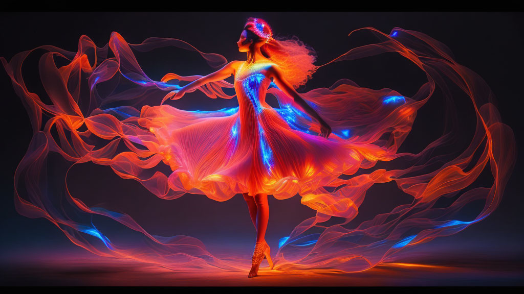 Dynamic dancer in glowing dress with swirling light trails on dark background