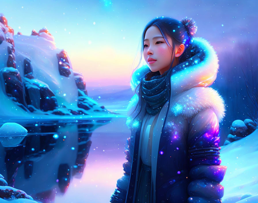 Woman in winter coat by frozen lake under starry twilight sky