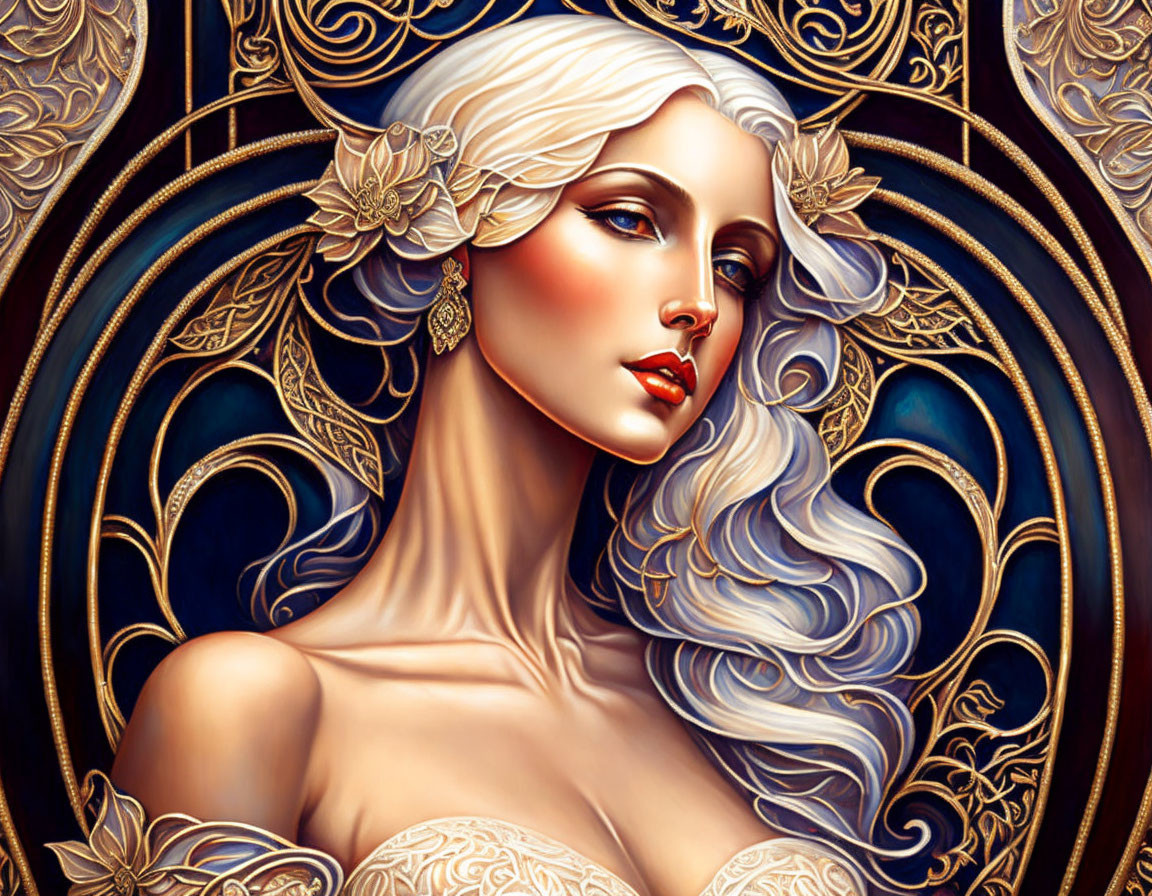 Woman with pale skin, blue wavy hair, red lips, framed by ornate golden patterns on