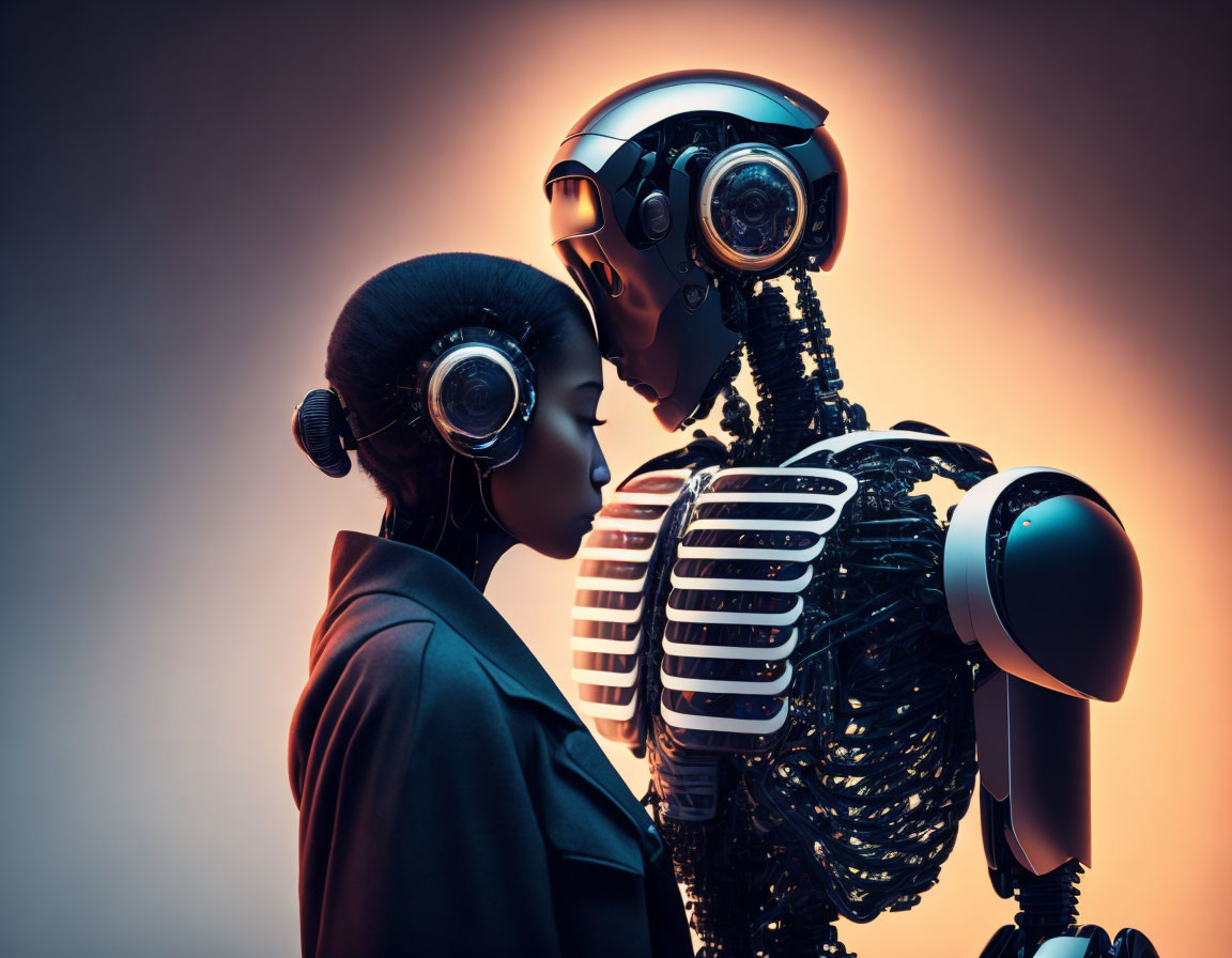 Humanoid robot and woman in warm backlit scene