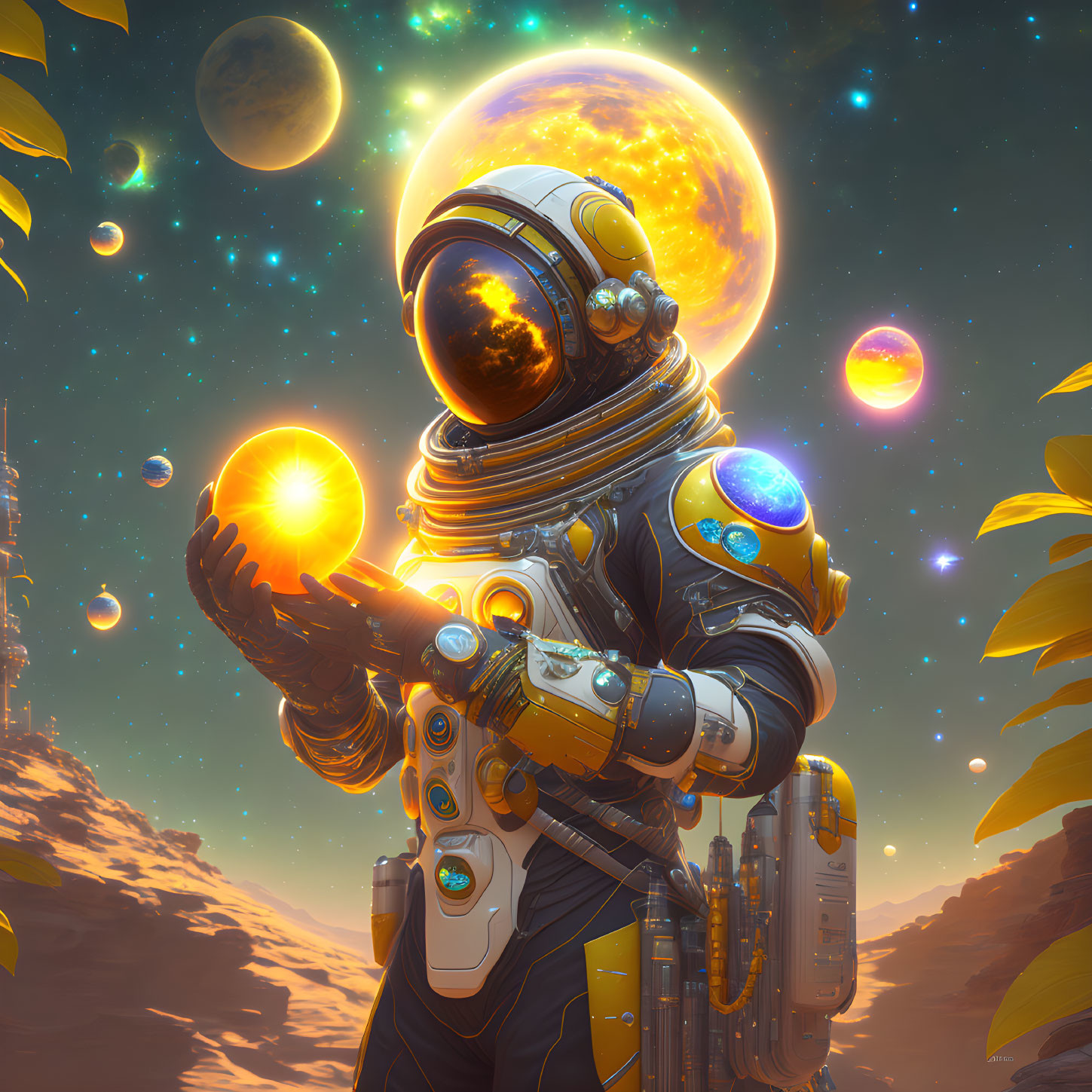 Astronaut with reflective visor on alien planet with glowing orb, sun, and moon.