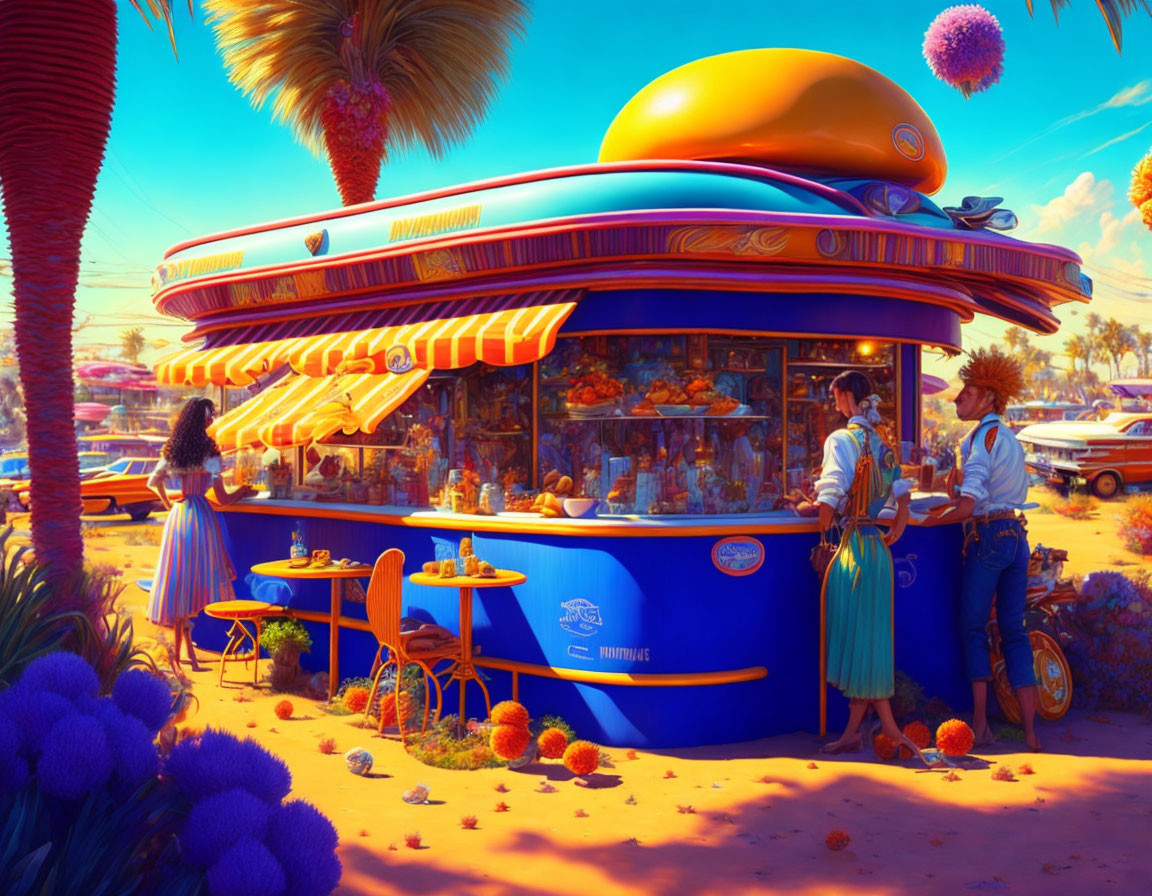 Colorful retro-futuristic diner scene with chatting couple, vintage cars, and stylized foliage