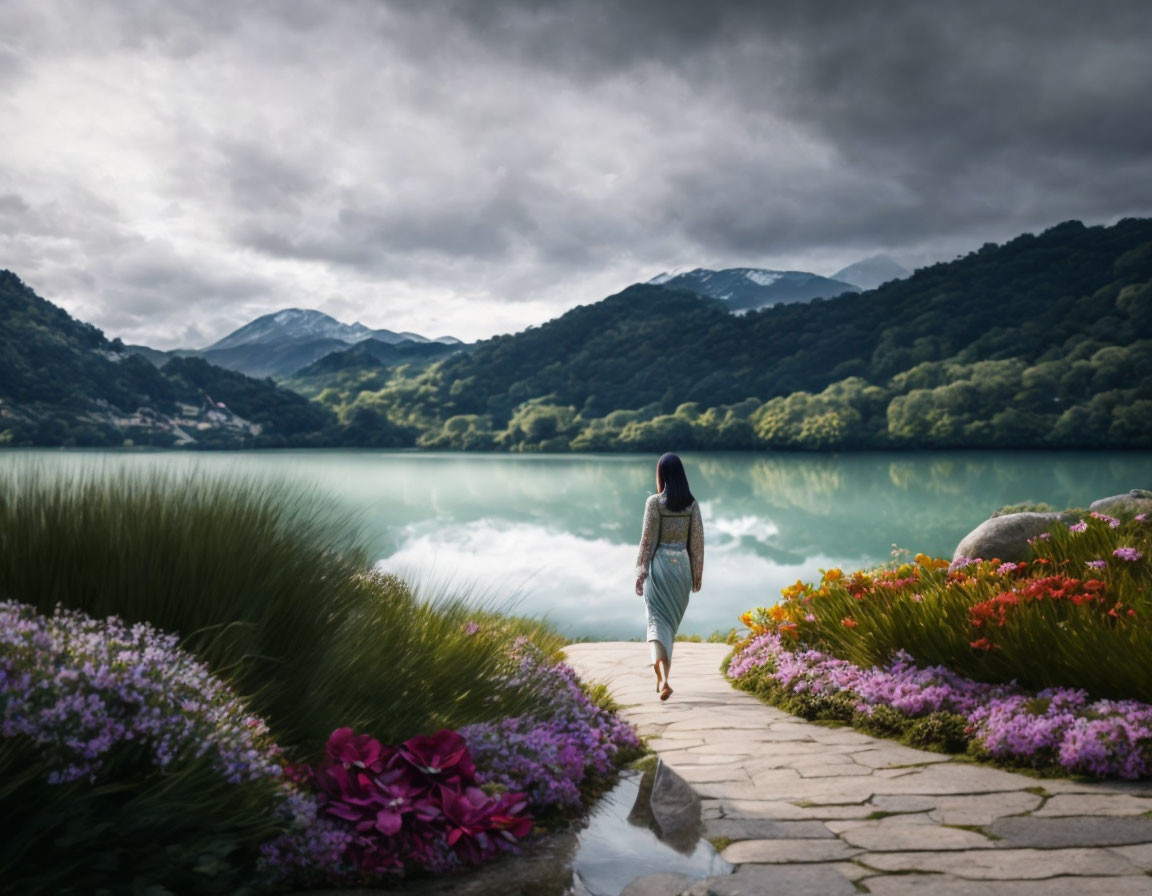 Stone Path Leading to Tranquil Lake with Mountain Background and Colorful Flowers