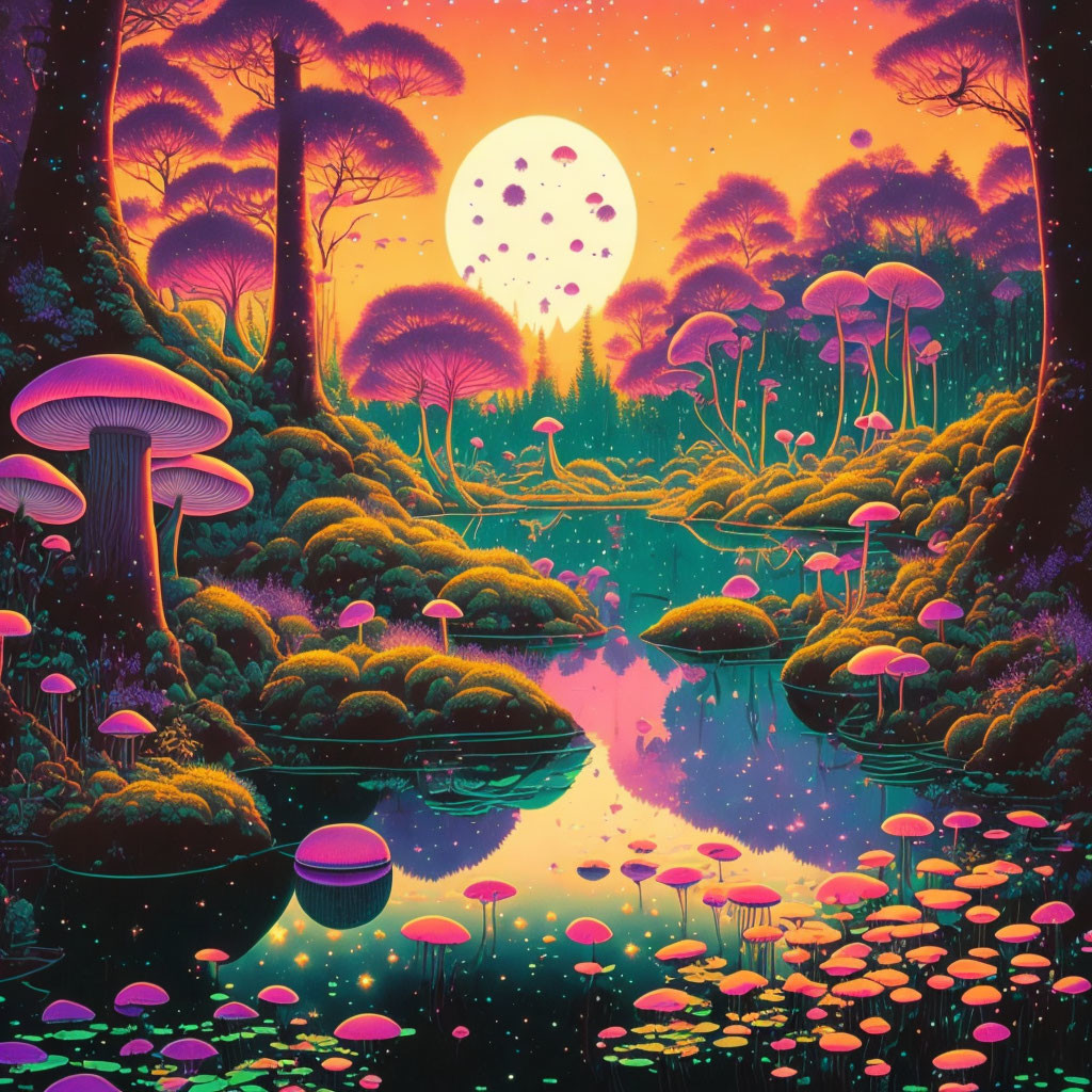 Fantasy landscape with luminous mushrooms, trees, river, starry sky, and moon