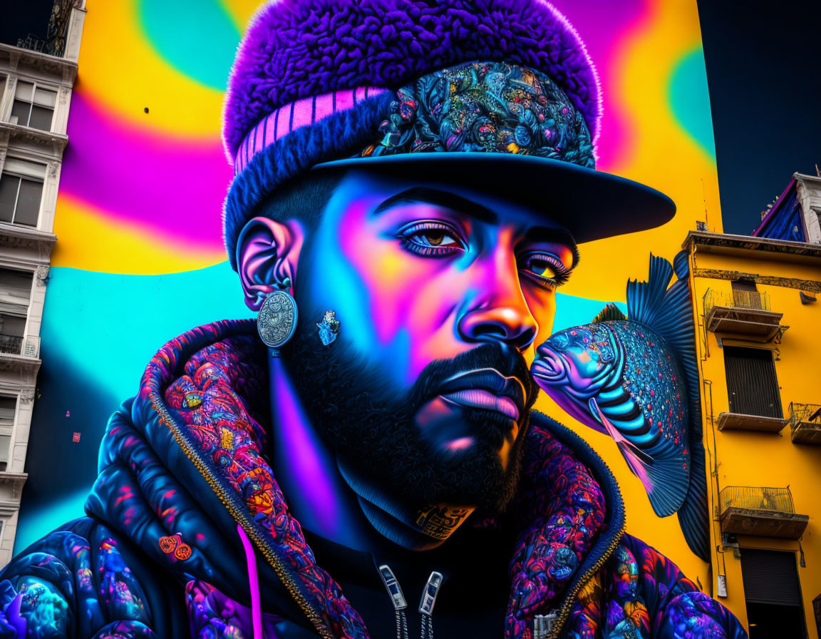 Colorful street art mural of man with beard and cap in headphones on abstract background with fish