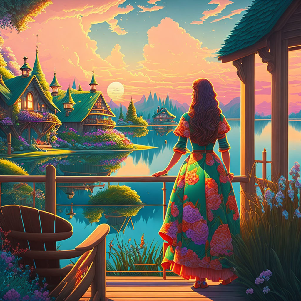 Woman in Floral Dress Admiring Lakeside Village Sunset