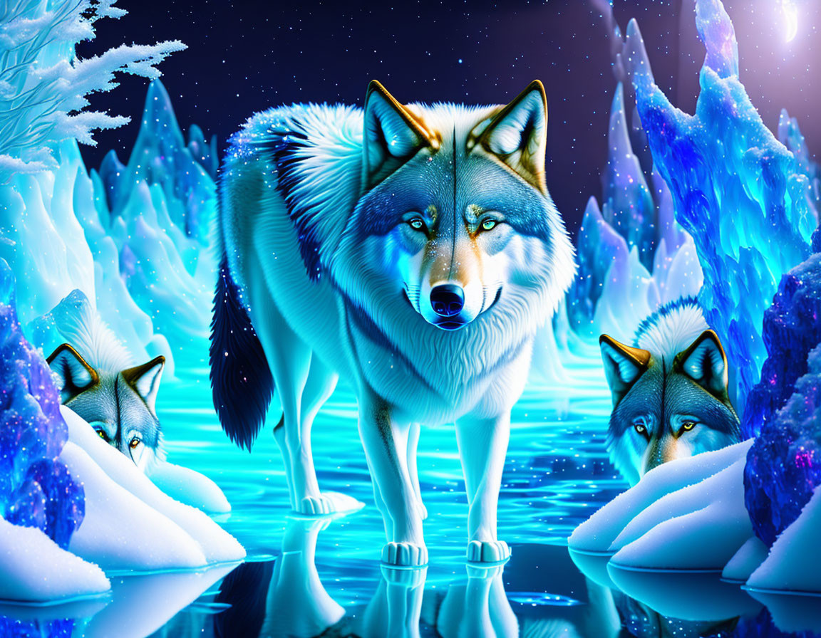 Digital artwork: Glowing-eyed wolves in icy blue forest