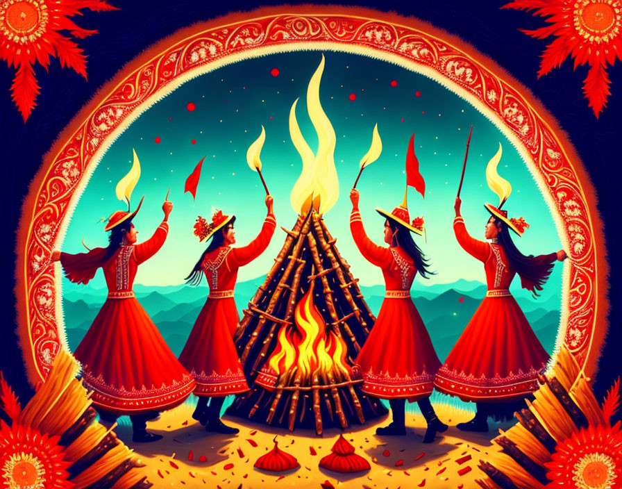 Four Women in Red Dresses Dancing Around Bonfire with Torches and Flags