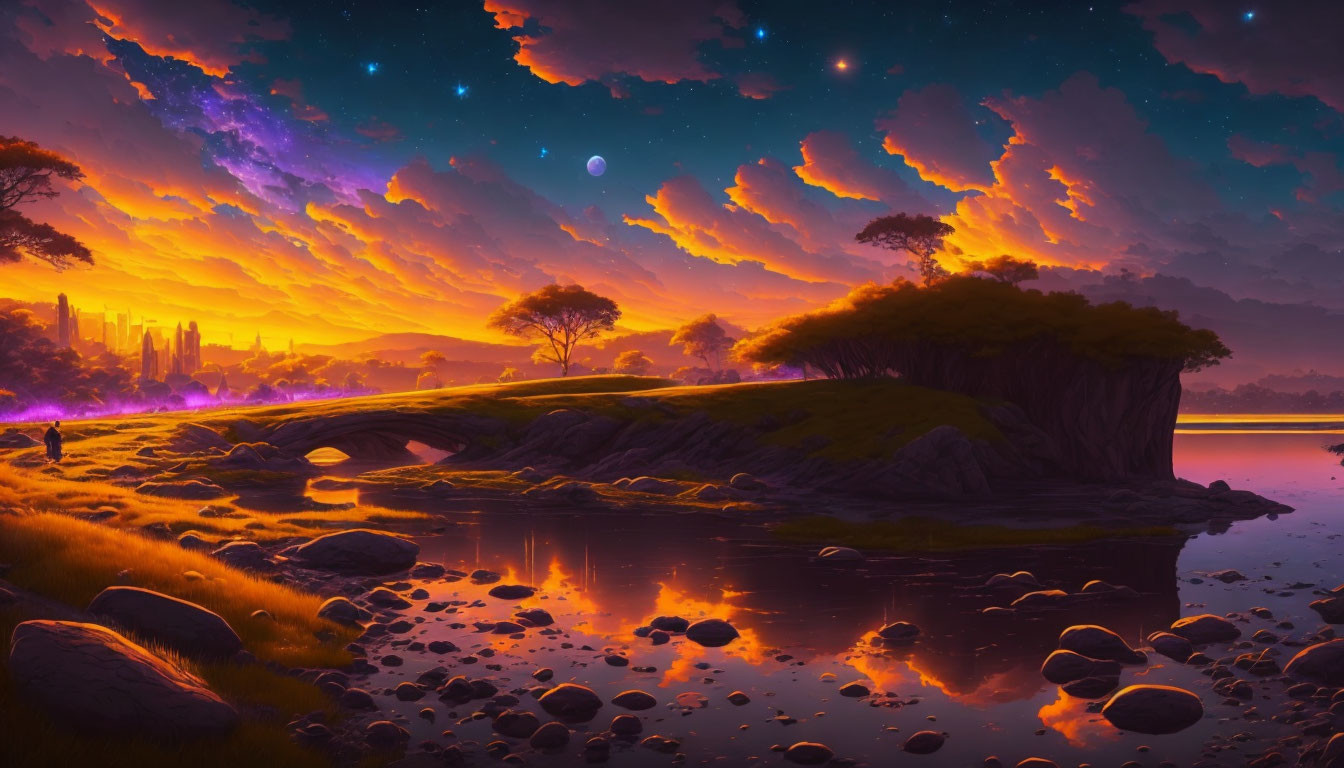 Digital artwork: Sunset over river with futuristic skyline