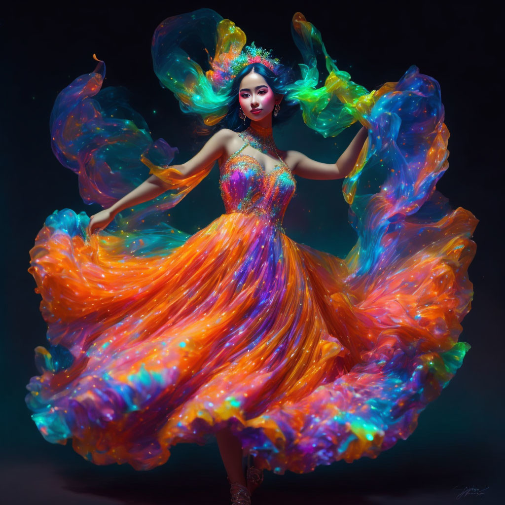 Vibrant woman dancing in fiery dress on dark background