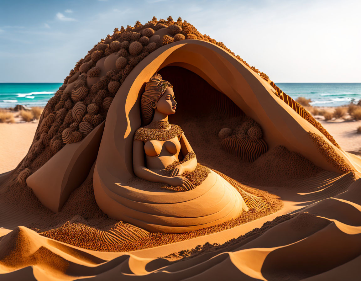 Detailed Sand Sculpture: Woman in Shell on Beach