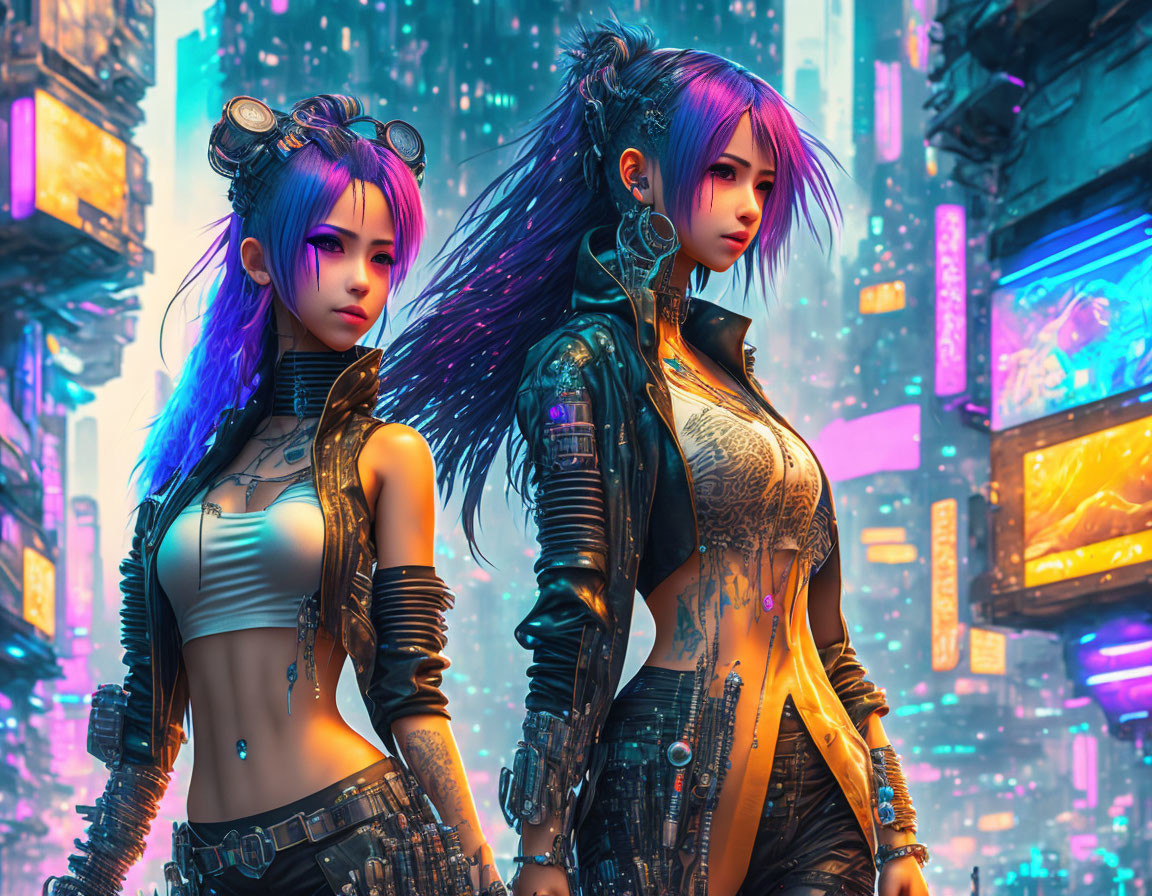 Stylized women with blue and purple hair in futuristic attire and goggles against neon-lit cityscape