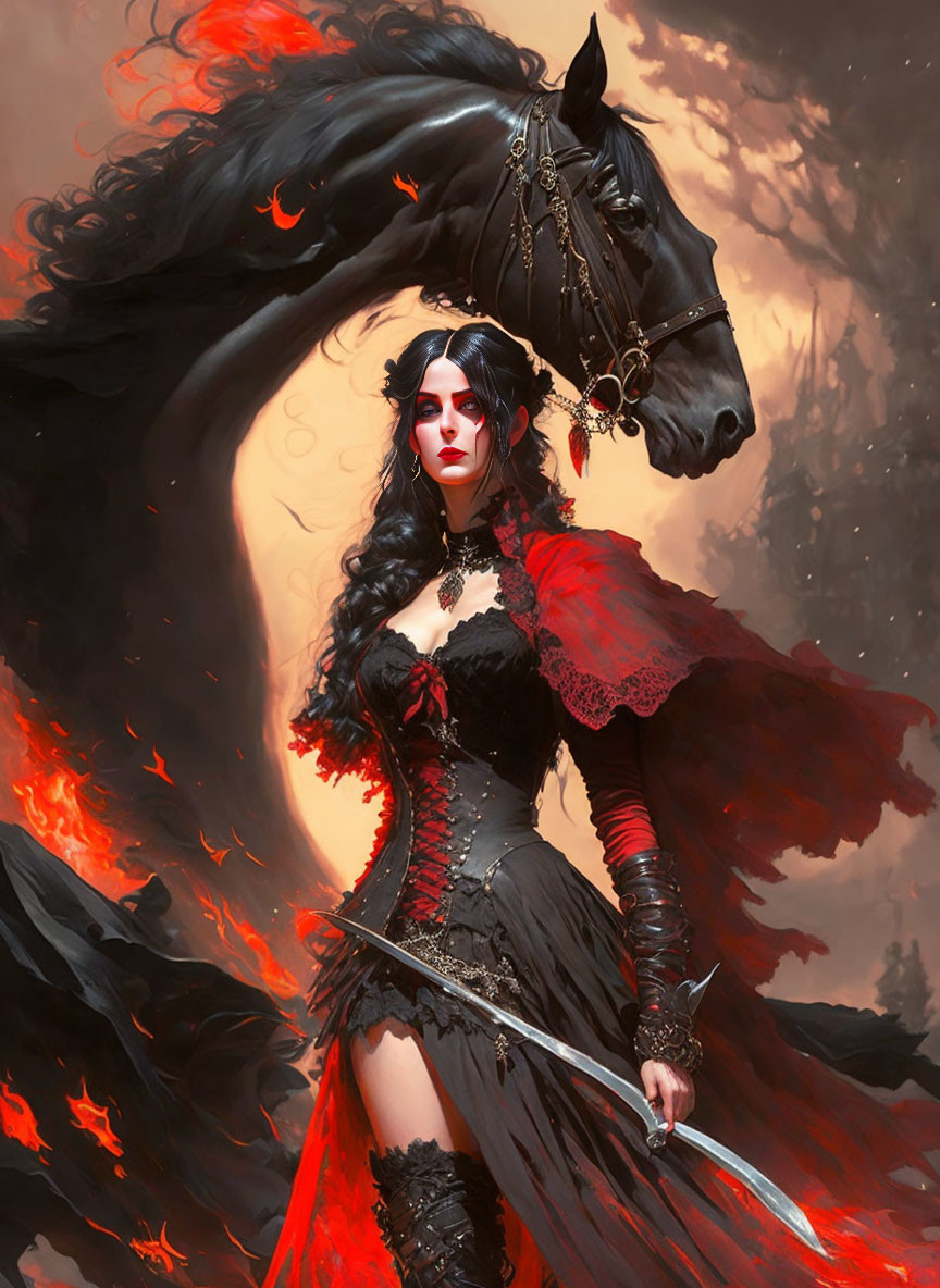 Woman in Gothic Outfit with Sword Beside Black Horse in Flames