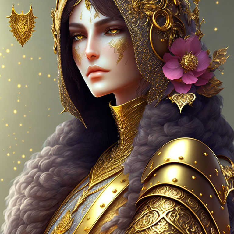 Digital art portrait of woman in golden armor and headpiece with pink flower on muted gold background