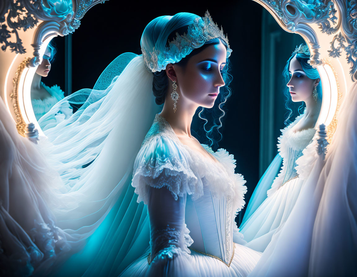 Woman in white dress and tiara gazes at reflection in mirror under blue light