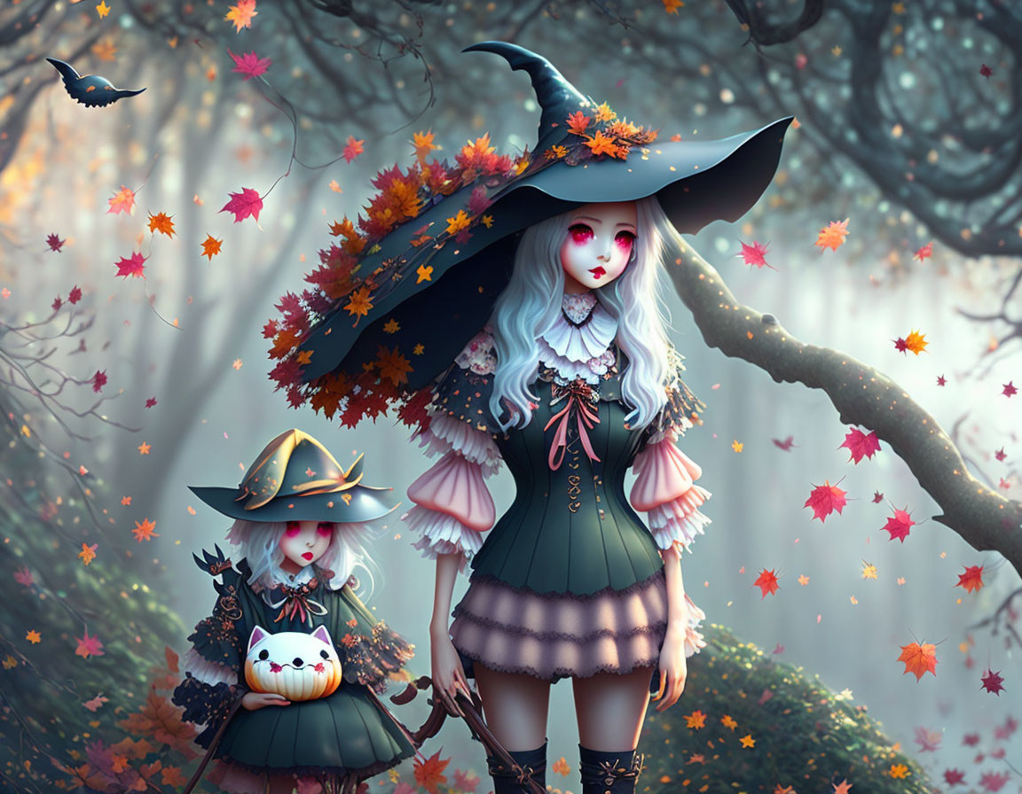 Anime-style witch characters in autumnal forest with falling leaves & flying bird