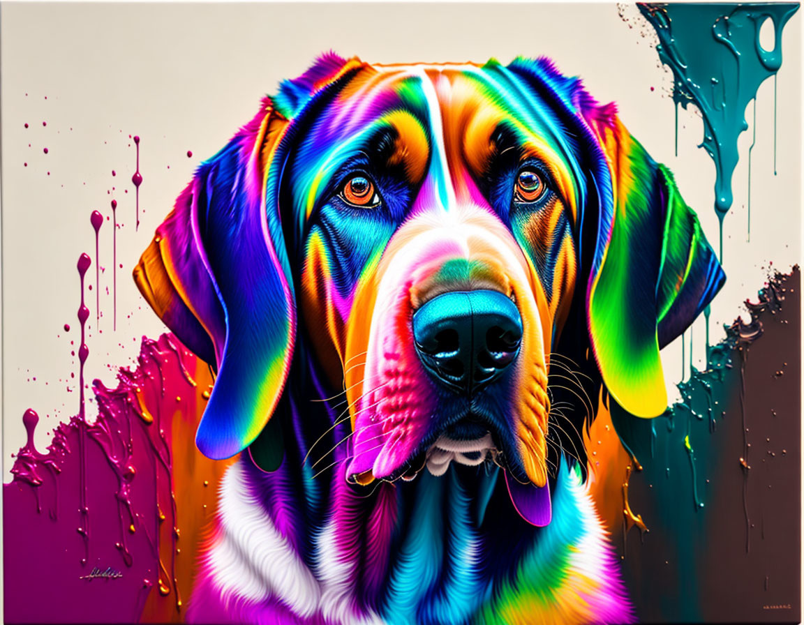 Colorful digital artwork: Dog in rainbow hues and dripping paint on white background