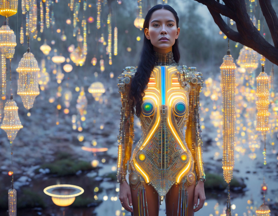 Futuristic woman in golden outfit surrounded by glowing lanterns at twilight