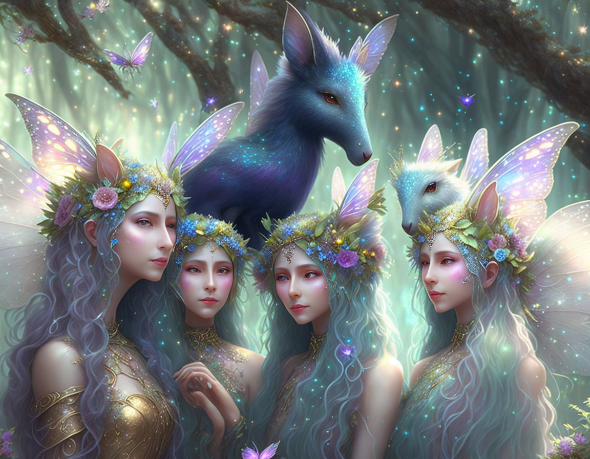 Ethereal women with floral crowns and winged creatures in enchanted forest