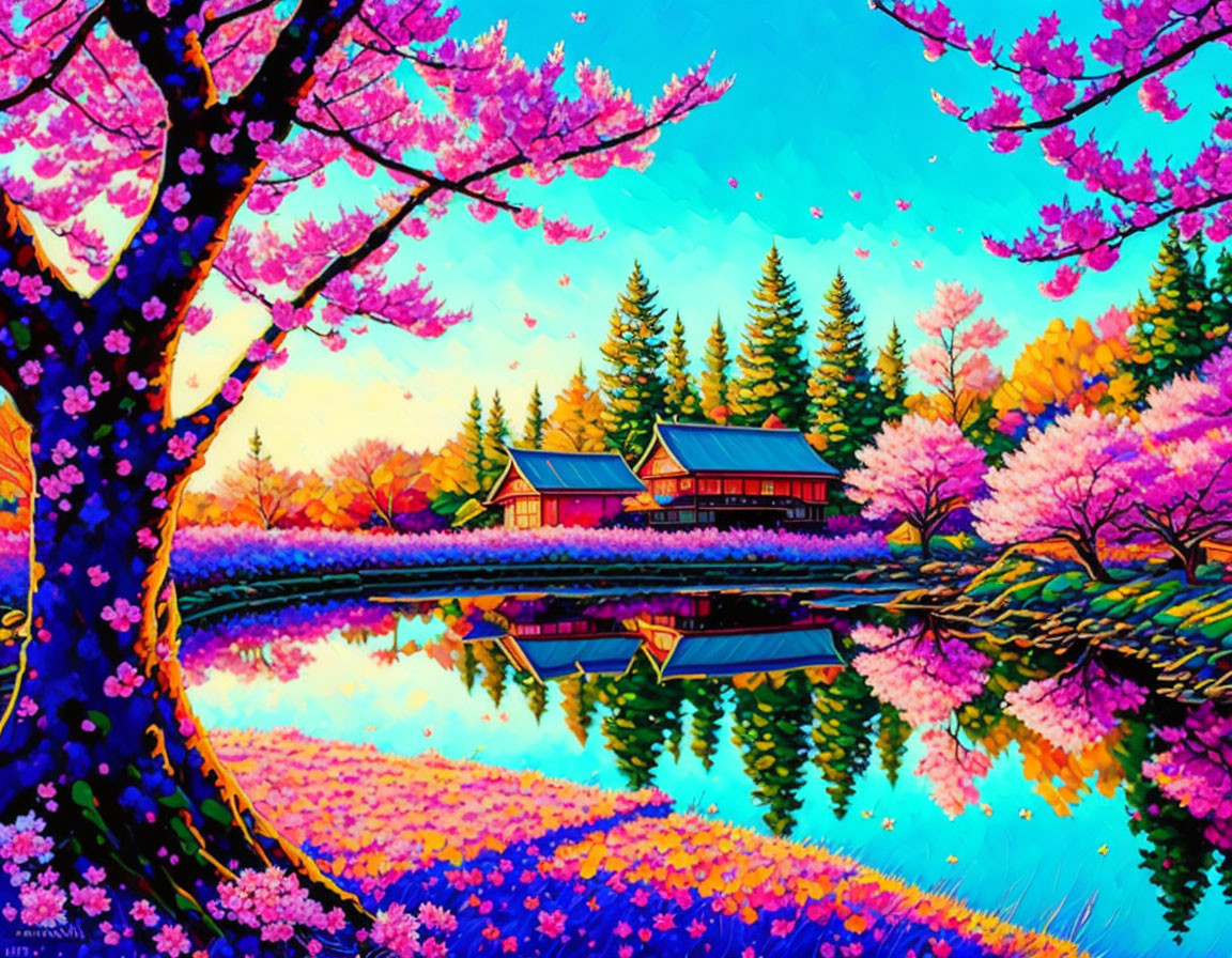 Colorful cherry blossom landscape with river, flowers, houses, and trees under bright sky