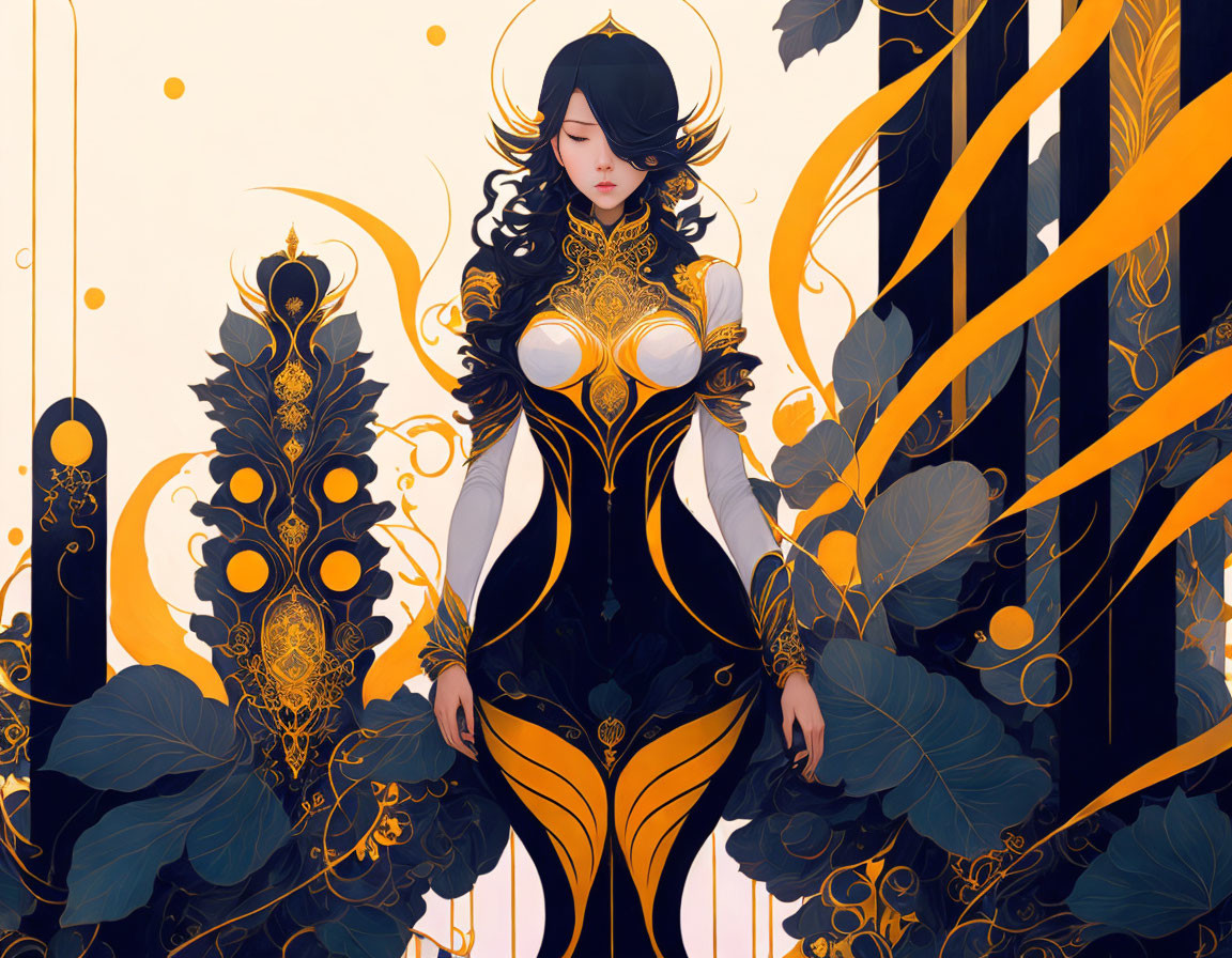 Illustrated female character in black and gold costume among golden foliage