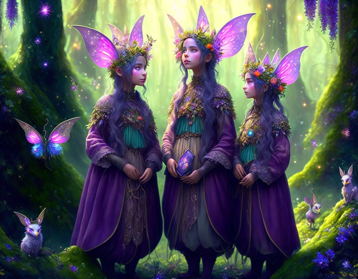 Whimsical fairies with luminescent wings in enchanted forest