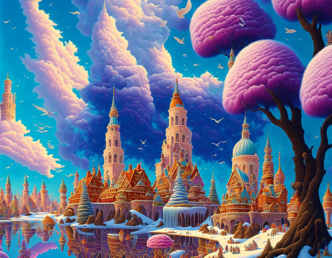 Whimsical fantasy landscape with tall castles, pink trees, and purple sky