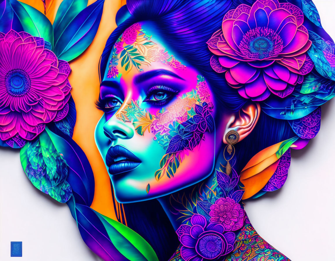 Colorful Woman's Profile with Floral Patterns on Large Flowers Background