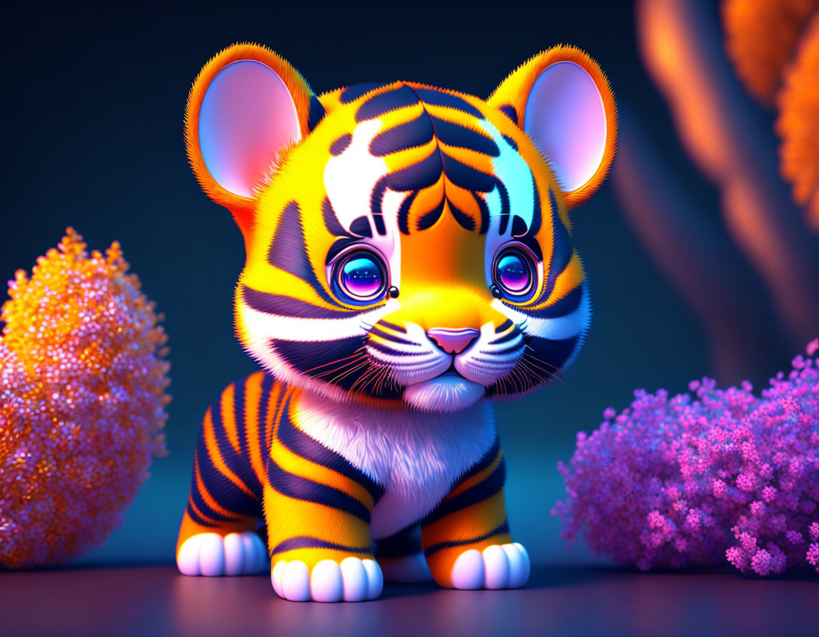 Colorful Cartoon Tiger Cub Surrounded by Glowing Plants