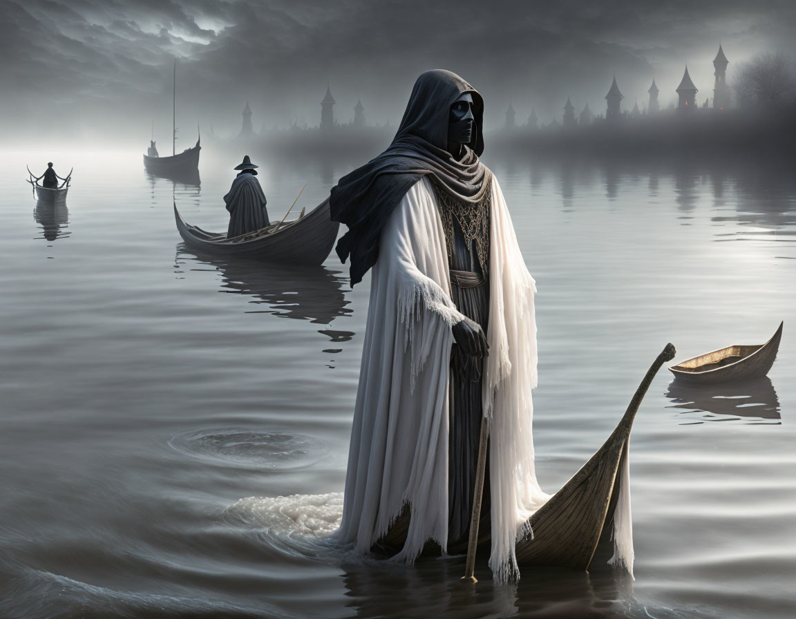 Misty river scene with cloaked figure and boats by shadowy castle