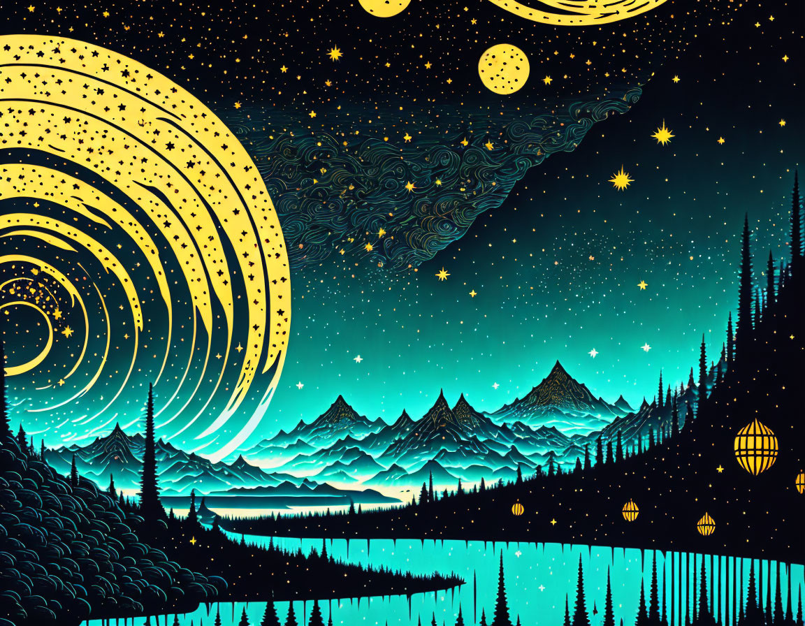 Night Sky Illustration: Swirling Yellow Patterns, Stars, Moons, Mountains, Lake