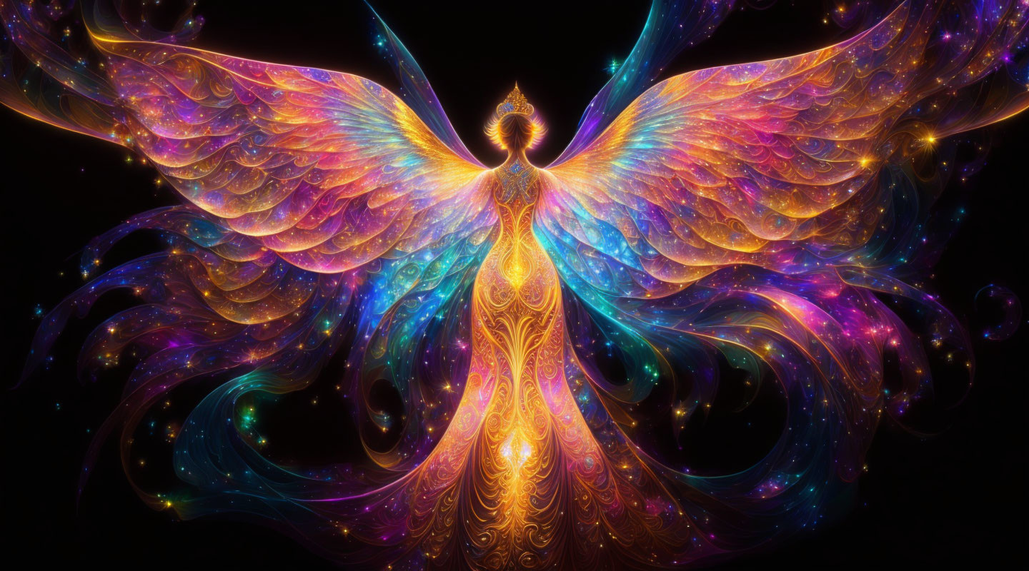 Colorful Phoenix Artwork with Glowing Wings on Dark Background