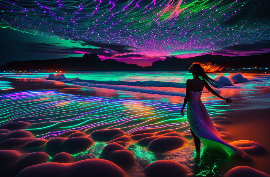 Woman in flowing dress on neon-lit shore with vibrant sky