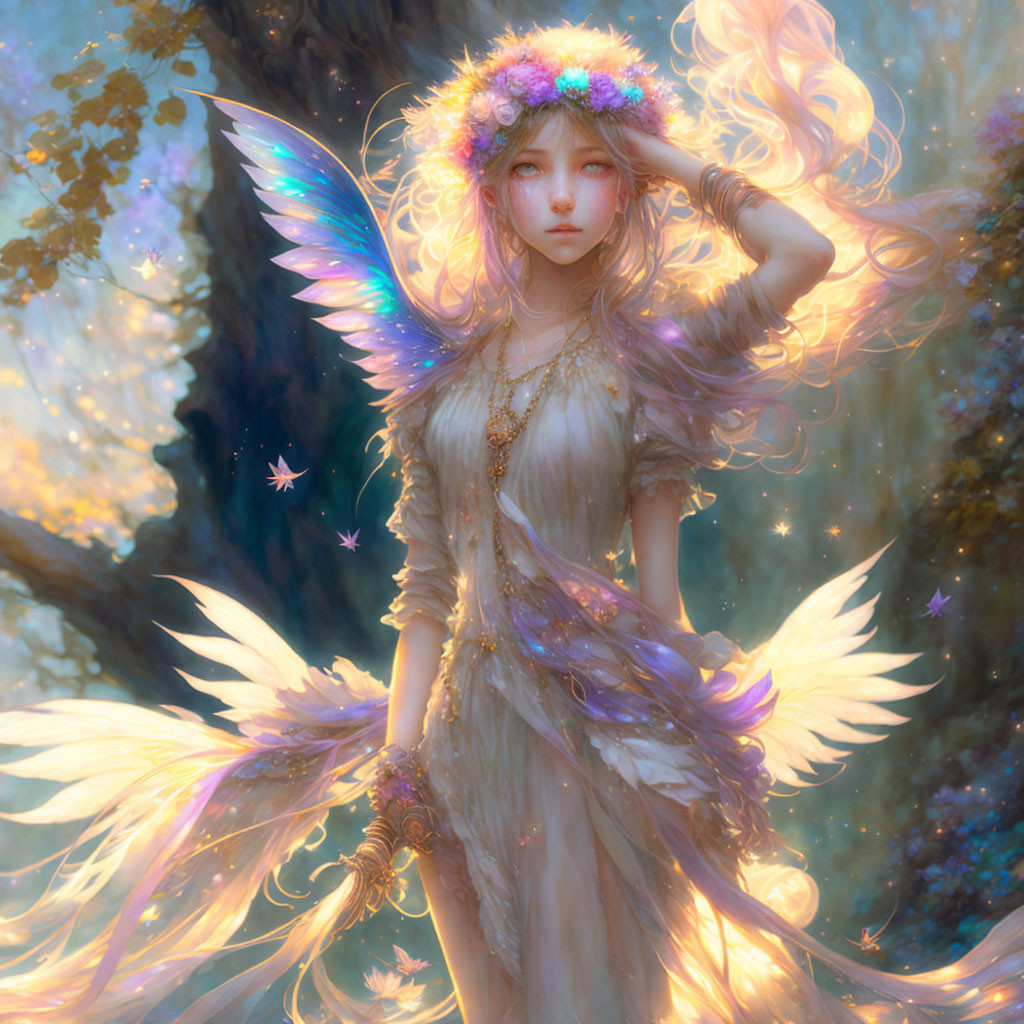 Iridescent fairy with floral crown in enchanted forest