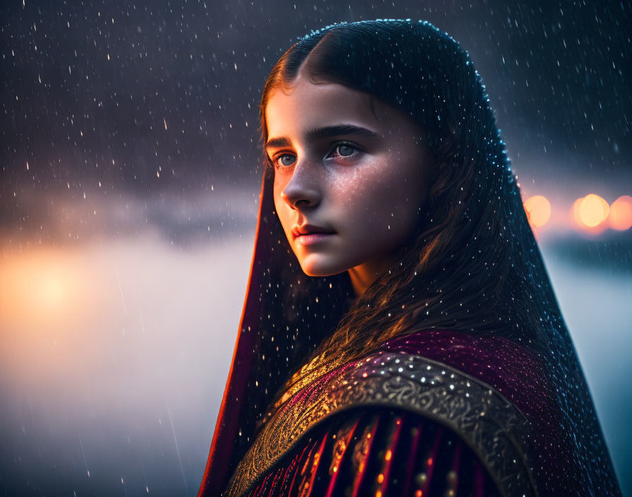 Blue-eyed girl in patterned scarf gazes under warm rain-soaked light