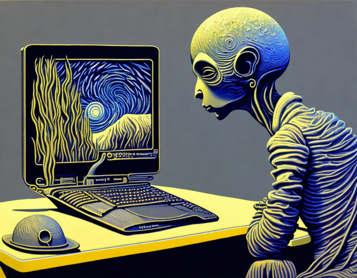 Alien figure with intricate head pattern observing laptop with "Starry Night" inspired screen