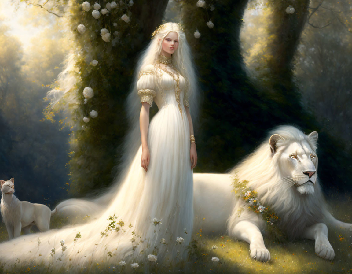 Woman in white dress with white lion and smaller feline in sunlit forest clearing