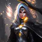 Silver-haired female warrior in glowing armor against cosmic backdrop