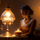 Woman at table with lamp, candle, match, and glass in warm, dim light