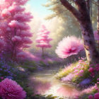 Enchanted forest path with sunlight, pink blossoms, and flowers