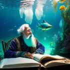 Elderly man in regal attire reads underwater surrounded by fish