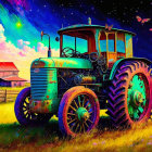 Colorful painting of old tractor in whimsical field with barn and creatures