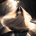 Mystical woman with luminous hair in dark forest with light beams