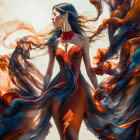 Woman in Red Flowing Dress Against Blue Sky