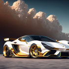 Luxurious white sports car with gold accents on reflective surface under dramatic sky